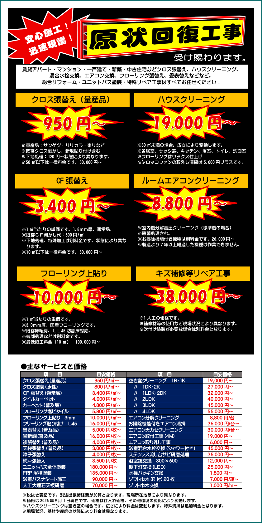原状回復工事料金イメージ